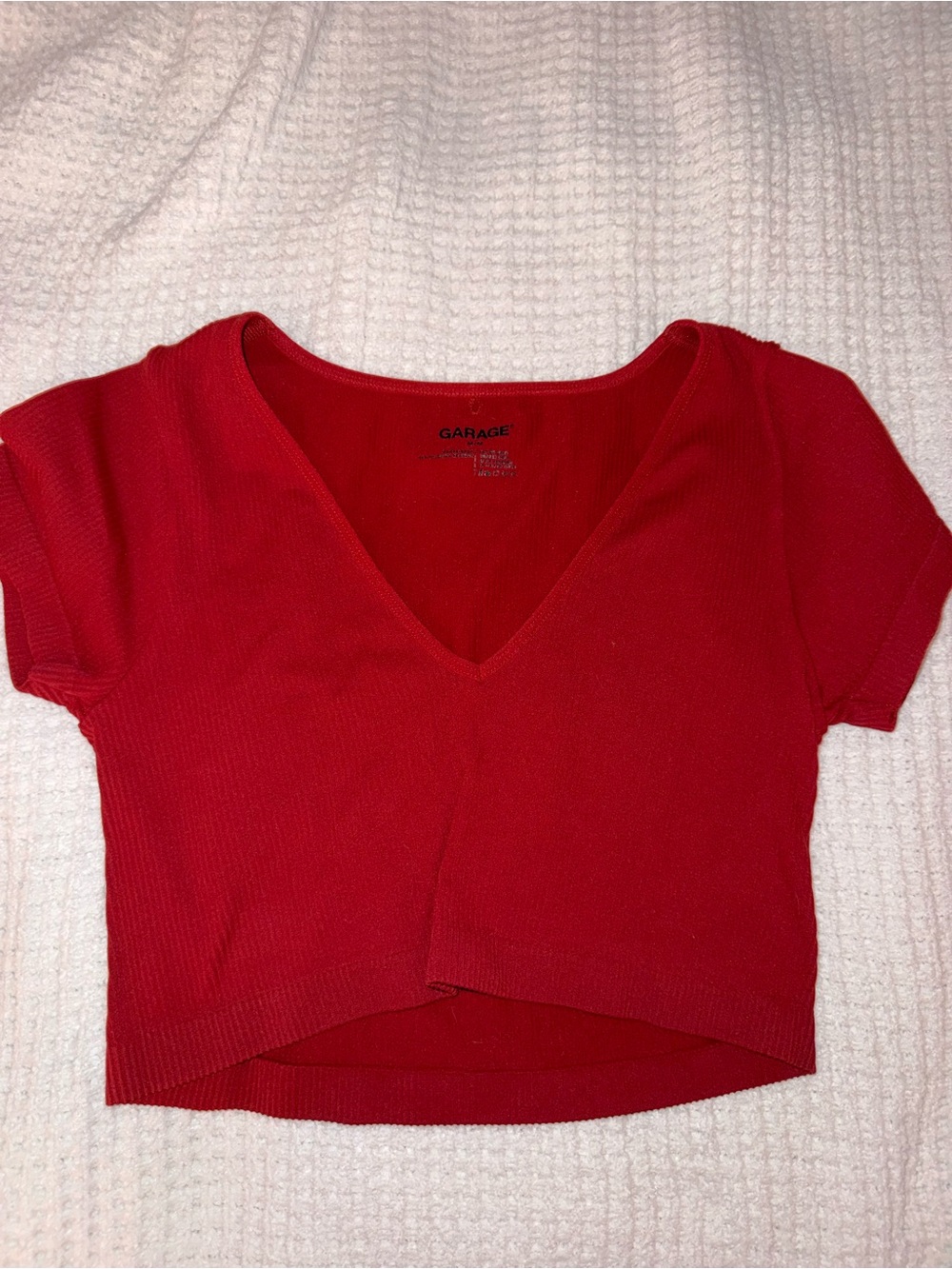 Garage Red Ribbed V-Neck Crop Top